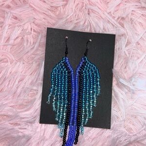 Ocean Blue & black Fringe Beaded Earrings